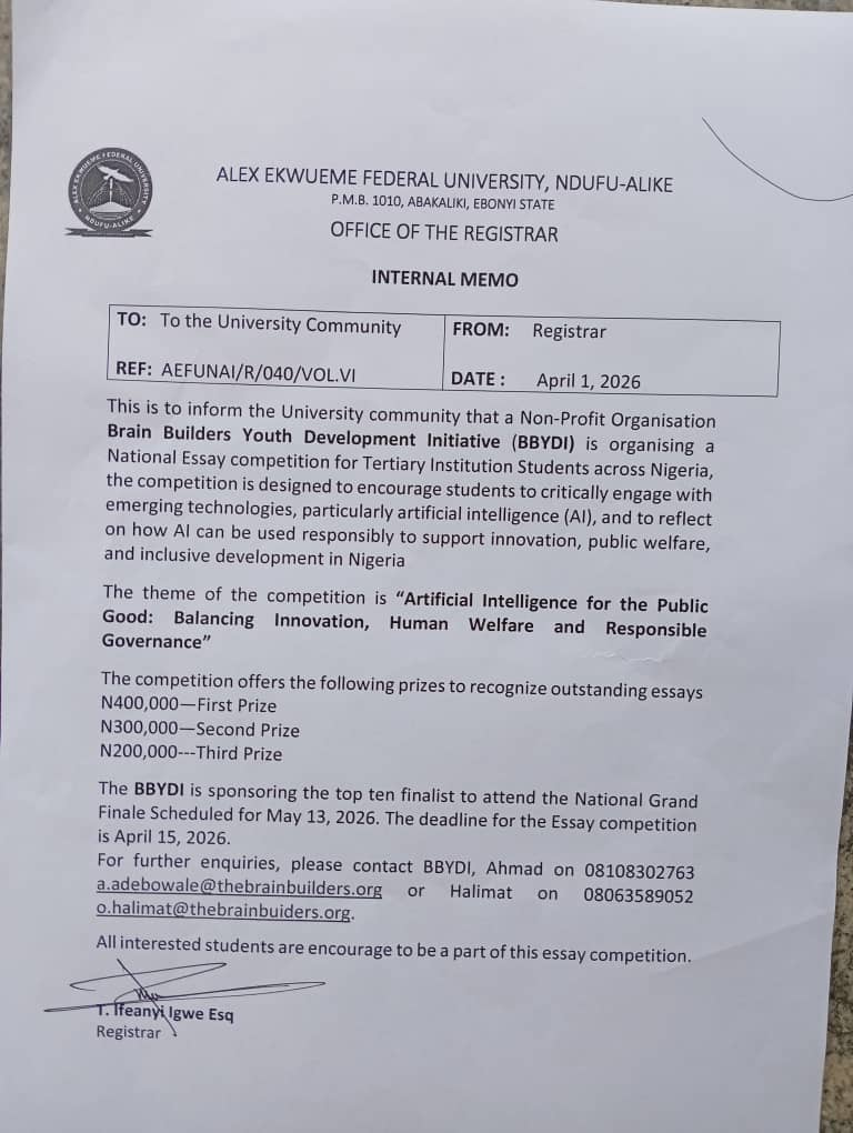 AE-FUNAI Registrar invites students to the BBYDI National Essay Competition on AI for Public Good. ₦400,000 top prize. Deadline: April 15, 2026