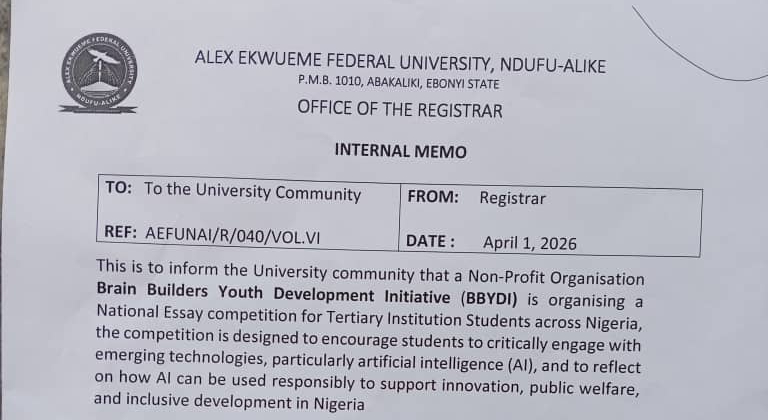 AE-FUNAI Registrar invites students to the BBYDI National Essay Competition on AI for Public Good. ₦400,000 top prize. Deadline: April 15, 2026