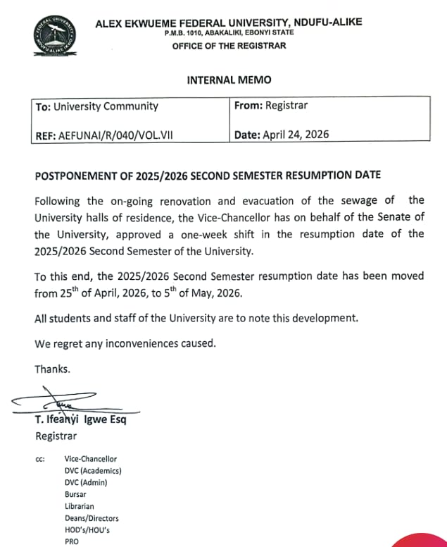 New AE-FUNAI Resumption Date Confirmed Following Hostel Renovations"