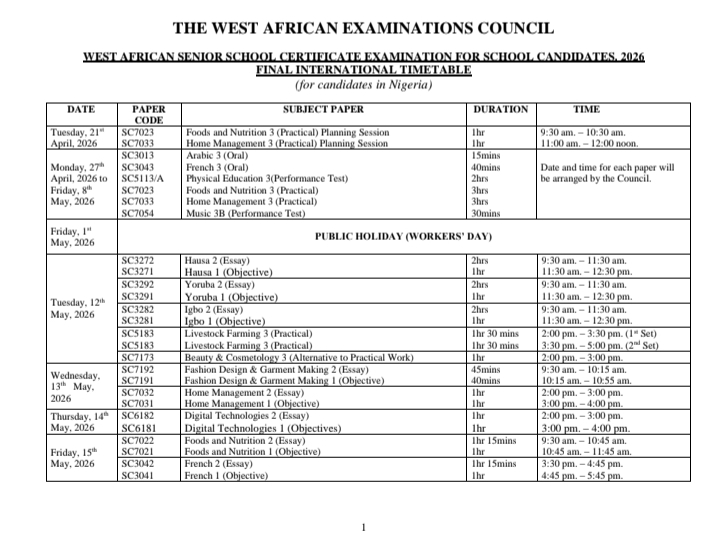 waec time table
