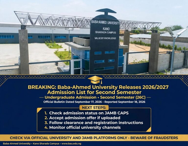 BREAKING: Baba-Ahmed University Releases 2026/2027 Admission List for Second Semester