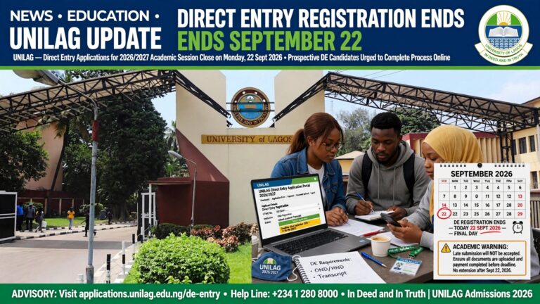 UNILAG Direct Entry Registration Ends September 22 as Applicants Face Final Deadline