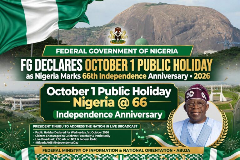 FG Declares October 1 Public Holiday as Nigeria Marks 66th Independence Anniversary