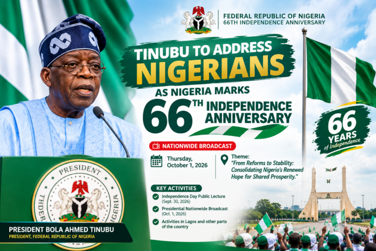 Tinubu to Address Nigerians as Nigeria Marks 66th Independence Anniversary
