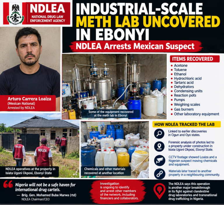 NDLEA Uncovers Industrial-Scale Meth Lab in Ebonyi, Arrests Mexican Suspect