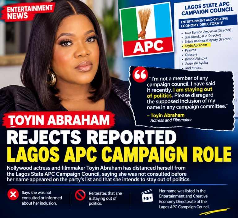 Toyin Abraham Rejects Reported Lagos APC Campaign Council Role