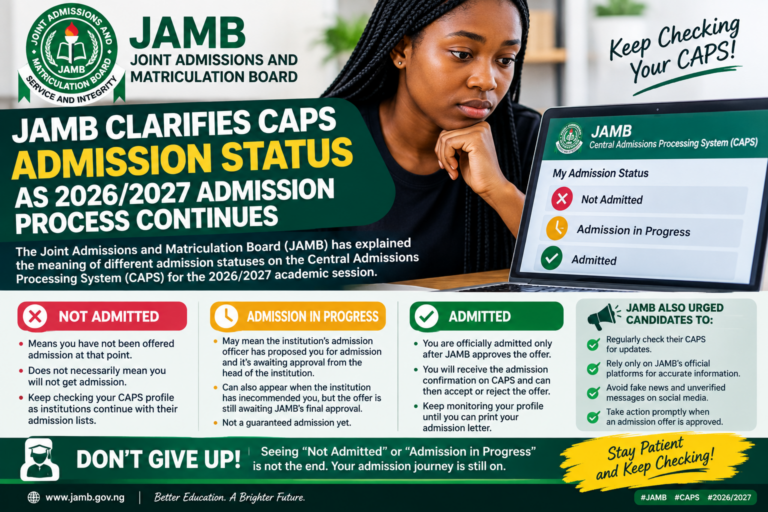 JAMB Clarifies CAPS Admission Status as 2026/2027 Admission Process Continues