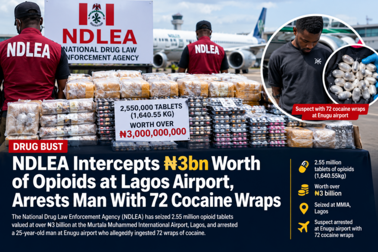 NDLEA Intercepts ₦3bn Worth of Opioids at Lagos Airport, Arrests Man With 72 Cocaine Wraps