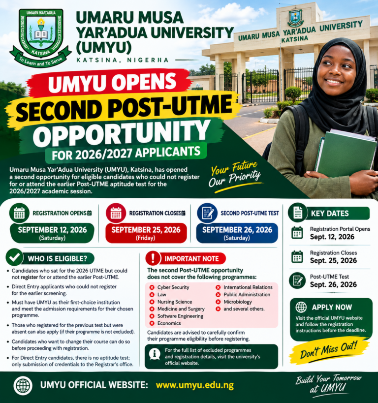 UMYU Opens Second Post-UTME Opportunity for 2026/2027 Applicants