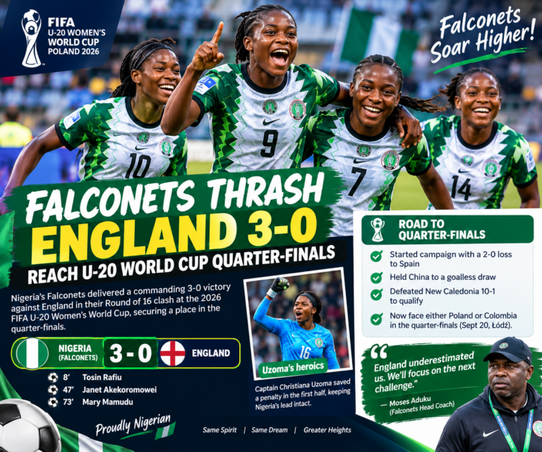Falconets Thrash England 3-0 to Reach U-20 World Cup Quarter-Finals