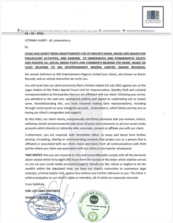 Mavin Records Moves Against lotannaharry Over Alleged Unauthorized Use of Label’s Brand