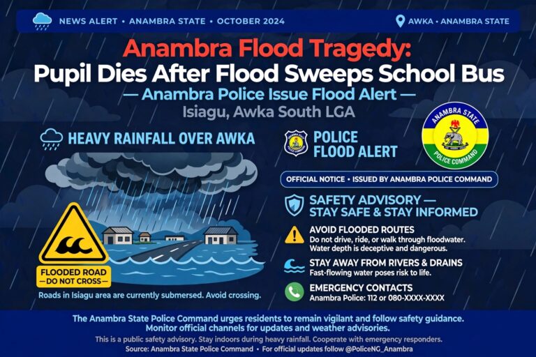 Heavy Rainfall Tragedy: Anambra Pupil Dies After Flood Sweeps Away School Bus
