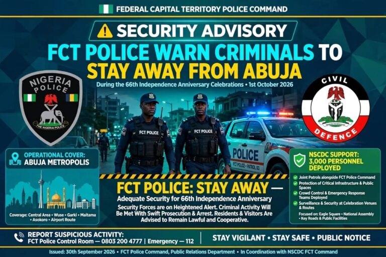 FCT Police Warn Criminals to Stay Away From Abuja During Independence Celebrations