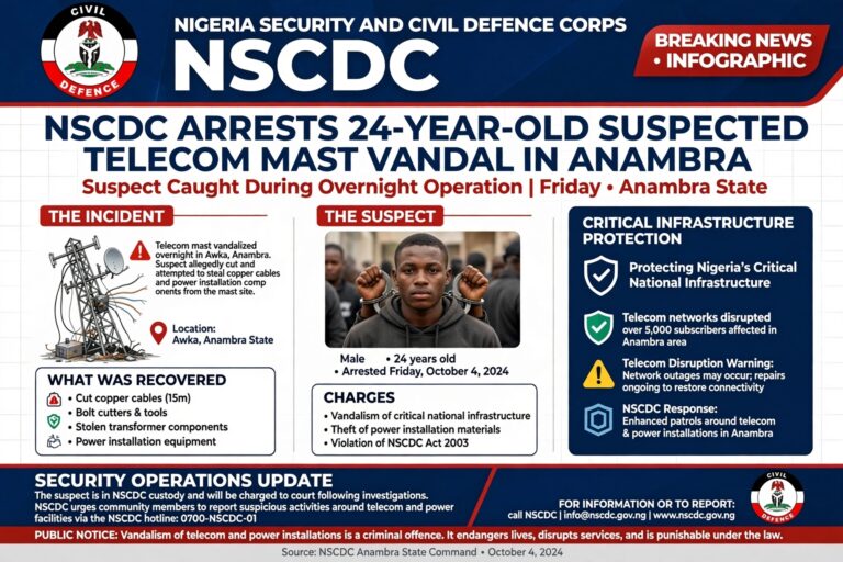 NSCDC Arrests 24-Year-Old Suspected Telecom Mast Vandal in Anambra